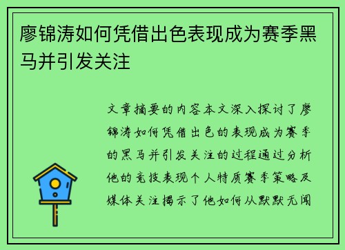 廖锦涛如何凭借出色表现成为赛季黑马并引发关注